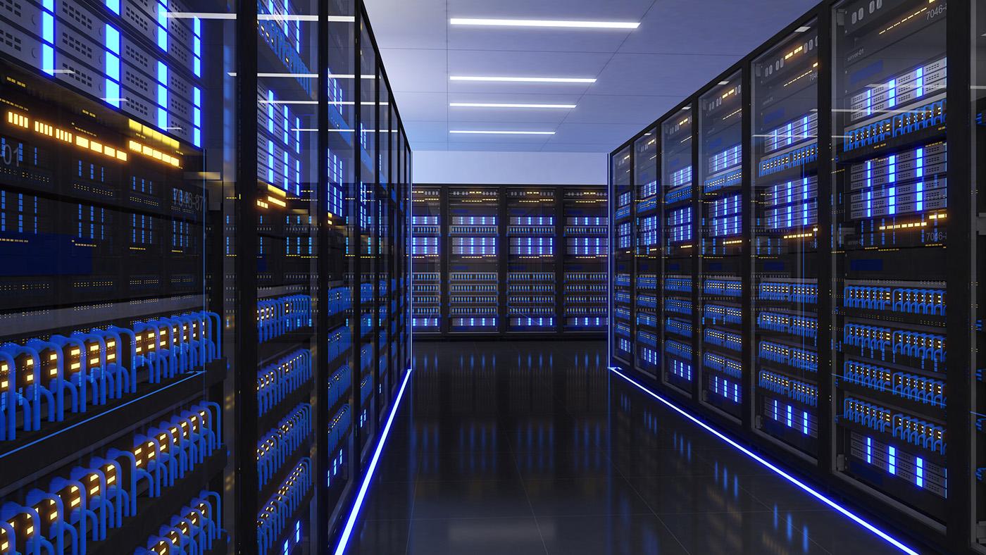 Rechenzentrum mit Servertechnik als Hintergrund für DNS und Domaintransfers
